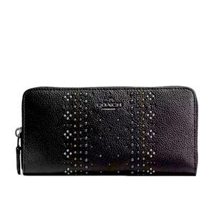Coach Slim Accordian Zip Wallet Bandana Rivets Black Gold Silver
